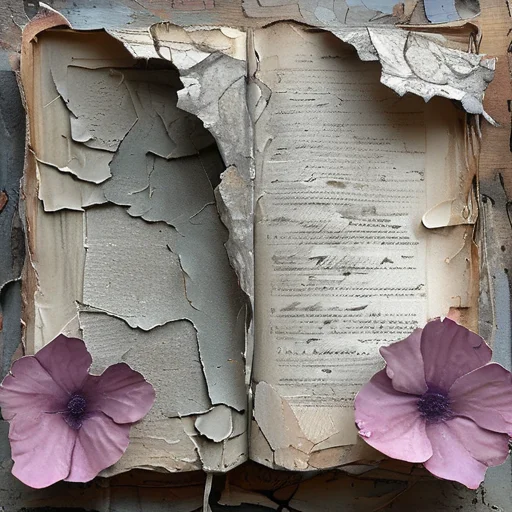 <lora:artfullyparched-v1-000014:1>,
old papert,aerial view,carved books,cracked,distressed edges,dreamy and romantic compositions,fine lines,in the style of broad palette knife marks,in the style of pale palette,in the style of rustic texture,letterboxing,organic sculpting,raw versus finished,rectangular fields,torn,whitewashed narratives,tarot art with flower carvings,apocalypse art,concept art,detailed rendering,dramatic,embossed paper,installation creator,light silver and light purple,light gray and magenta,neo-concrete art,this piece of art looks like a painted face,book art installations,dark white and light violet,daydreampunk,detailed textures,text-based mixed media,layered stencil work,in the style of floral surrealism,