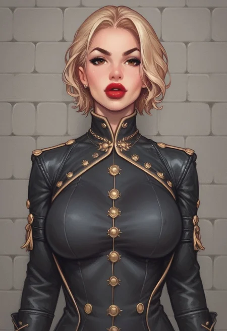 from front, (((front view))), 1girl, illustration, comic style, looking at viewer, highly detailed,
(((front view)))
In a gritty, noir-inspired urban setting bathed in the harsh glow of neon lights, K4TH3R1N3, a striking woman with platinum blonde hair cascading down her back, stands against the cold brick wall of an abandoned warehouse. Her piercing brown eyes are parted, revealing a hint of red lipstick-stained lips as she gazes directly at the viewer, challenging and intriguing in equal measure. The camera angle is low, casting her figure in sharp relief, with the dramatic shadows emphasizing the high collar of her unique outfit: a tailored trench coat made from a shimmering material that catches the light, adorned with intricate, steampunk-inspired metal accents. ((dynamic pose))
((full-clothed)),
BREAK
dynamic pose <lora:Cherry-Gig:0.55> ((((full-clothed)))),
BREAK
((dark room background))) score_9, score_8_up, score_7_up, score_6_up, source_cartoon, rating_explicit, Expressiveh, (((((upper body))))), dynamic pose