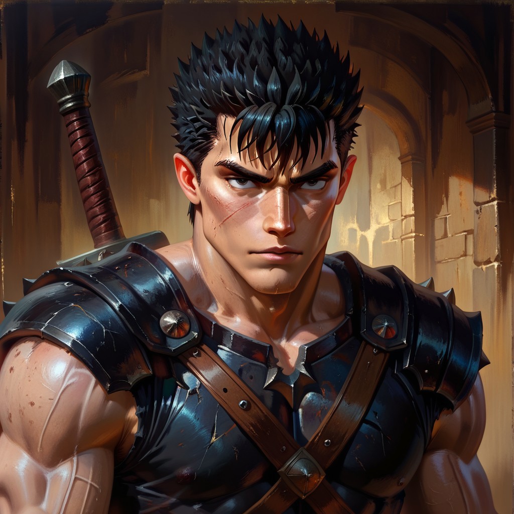 masterpiece, best quality, newest, absurdres, highres, DFOP-V2.0, oil painting, semi-realistic, 
1boy, guts /(berserk/), black hair, spiky hair, armor, muscular, muscular male,