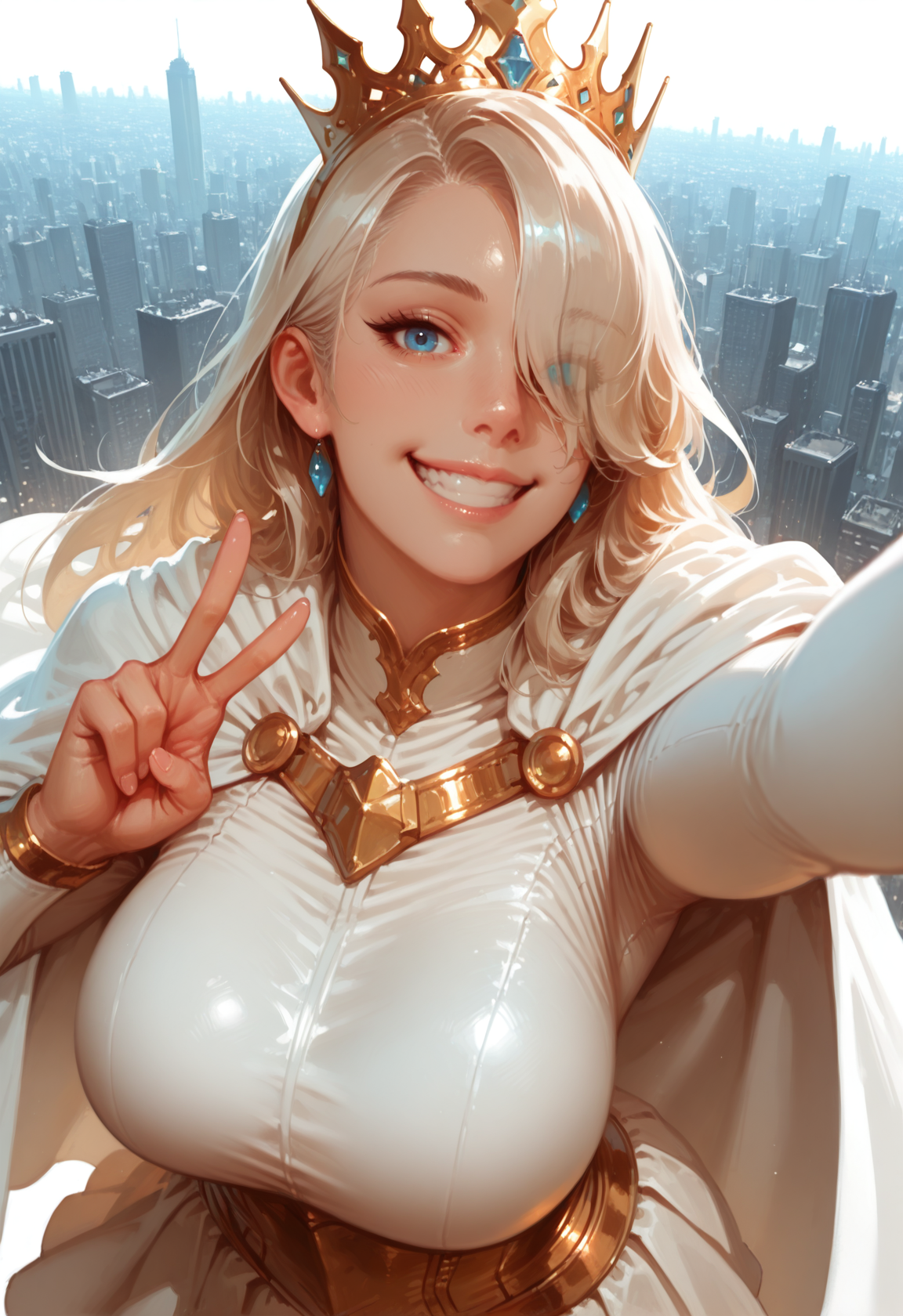 platinum blonde hair, solo, 1girl, long hair, blue eyes, crown, hair over one eye, smile, cape, bodysuit, , white, capelet, gold tiara, large breasts, grin, v, from above, flying, cityscape, selfie, looking at viewer, white cape, one-piece skirt, skirt, , lips, masterwork, masterpiece, best quality, dynamic lighting , dynamic pose,,  dynamic angle, , , (realistic:1.2), (lineless:1.2), detailed, <lora:Detailer_NoobAI_Incrs_v1:1>, , aged up, adult, depth of field, dynamic lighting, blurry,