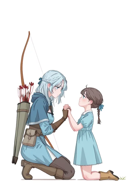 masterpiece, best quality, amazing quality,
 <lora:Nutzlos_IL:1> nutzlos, one knee, 2girls, multiple girls, quiver, holding hands, weapon, white background, dress, simple background, boots, braid, bow (weapon), child, looking at another, arrow (projectile), blue dress, kneeling