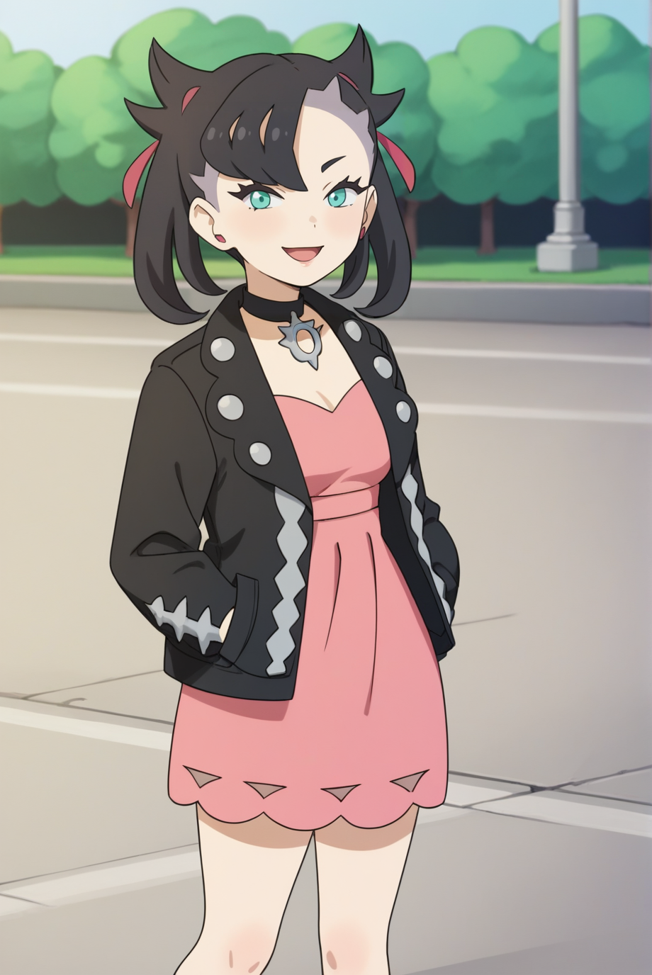 score_9, score_8_up, score_7_up, score_6_up, score_5_up, score_4_up, BREAK source_anime, 1girl, solo,
<lora:PokemonMarnieXL-v1-06:0.7>, ChopioMarnie, black hair, medium hair, twintails, undercut, pink hair ribbon, asymmetrical bangs, aqua eyes, eyelashes, pink earrings, looking at viewer,
mature female, [small breasts : medium breasts: 10], black nail polish,
outfit_1, black jacket, black choker, jewelry, open jacket, studded jacket, long sleeves, pink dress,
standing, smile, thighs, cowboy shot,
park, grass, stone path, lamppost, sunny, hands in pockets, knees, open mouth,