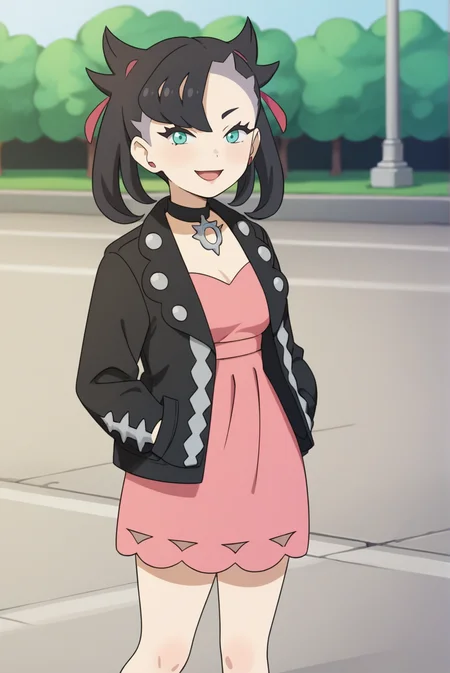 score_9, score_8_up, score_7_up, score_6_up, score_5_up, score_4_up, BREAK source_anime, 1girl, solo,
<lora:PokemonMarnieXL-v1-06:0.7>, ChopioMarnie, black hair, medium hair, twintails, undercut, pink hair ribbon, asymmetrical bangs, aqua eyes, eyelashes, pink earrings, looking at viewer,
mature female, [small breasts : medium breasts: 10], black nail polish,
outfit_1, black jacket, black choker, jewelry, open jacket, studded jacket, long sleeves, pink dress,
standing, smile, thighs, cowboy shot,
park, grass, stone path, lamppost, sunny, hands in pockets, knees, open mouth,