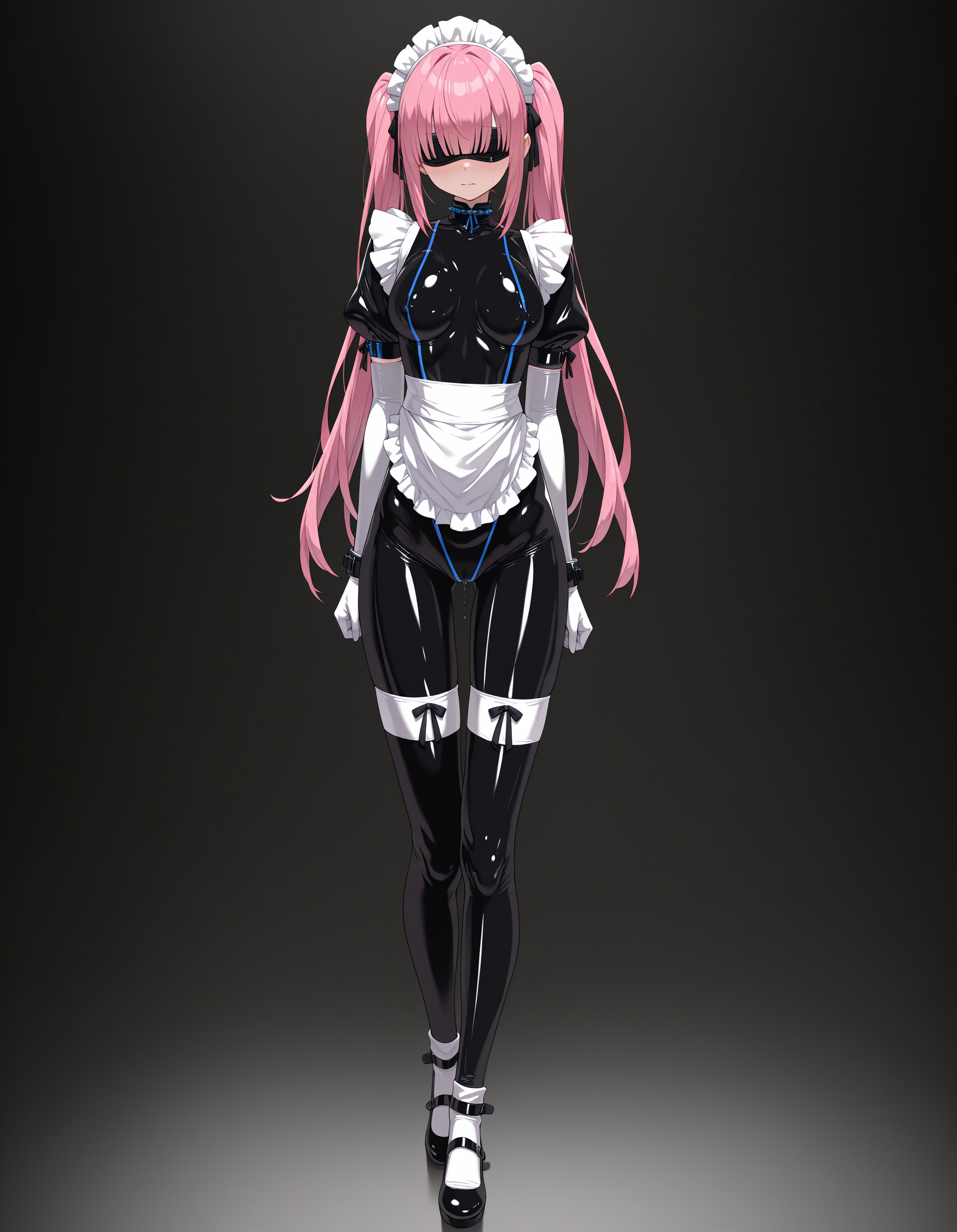masterpiece,best quality,amazing quality,very aesthetic,high resolution,ultra detailed,perfect details,
<lora:mai_aigis_blue:1>,
mai_maid,1girl,solo,long_hair,breasts,simple_background,gloves,dress,thighhighs,twintails,medium_breasts,standing,full_body,pink_hair,shoes,puffy_sleeves,elbow_gloves,white_gloves,blunt_bangs,black_footwear,apron,maid,maid_headdress,black_background,maid_apron,white skin_tight,mary_janes,shiny_clothes,hair_over_eyes,covered_eyes,latex,latex_bodysuit,
standing,full body,