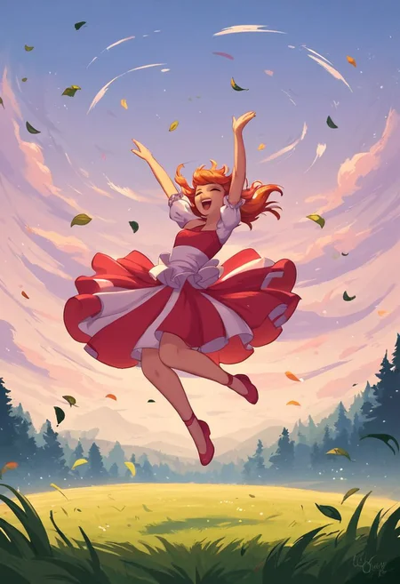 score_9, score_8_up, score_8, rating_safe, 1girl, dancing, standing in the eye of a tornado, grass and trees swaying to the wind, she controls the wind, ((tornado)), wind whipping around her, dress , wide field of view, wind effects, leaves floating around her, jumping, flying,