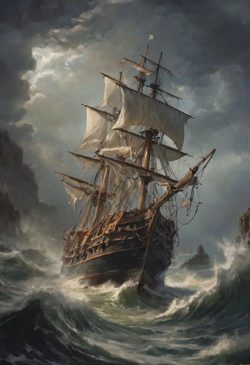 In the midst of a raging storm, a galleon battles enormous waves under a dark and ominous sky. Heavy rain lashes against the ship, drenching the deck and making it treacherously slick. Towering cliffs loom in the background, their jagged edges barely visible through the torrential downpour. The galleon, with its sails struggling against the ferocious wind, fights to stay afloat as the relentless sea threatens to engulf it. The scene is shrouded in darkness, save for the occasional flash of lightning illuminating the perilous surroundings. romantic impressionism, dream scenery art, beautiful oil matte painting, romantic, beautiful digital painting, anime landscape, romantic painting, dreamlike digital painting, colorful painting, thick brushstrokes characteristic, rough stroke, beautiful gorgeous digital art, style of greg rutkowski, thomas kinkade, janek sedlar, jenny saville