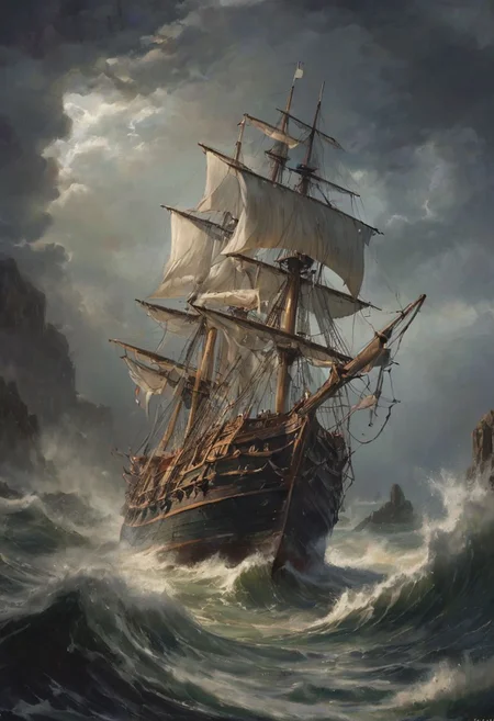 In the midst of a raging storm, a galleon battles enormous waves under a dark and ominous sky. Heavy rain lashes against the ship, drenching the deck and making it treacherously slick. Towering cliffs loom in the background, their jagged edges barely visible through the torrential downpour. The galleon, with its sails struggling against the ferocious wind, fights to stay afloat as the relentless sea threatens to engulf it. The scene is shrouded in darkness, save for the occasional flash of lightning illuminating the perilous surroundings. romantic impressionism, dream scenery art, beautiful oil matte painting, romantic, beautiful digital painting, anime landscape, romantic painting, dreamlike digital painting, colorful painting, thick brushstrokes characteristic, rough stroke, beautiful gorgeous digital art, style of greg rutkowski, thomas kinkade, janek sedlar, jenny saville