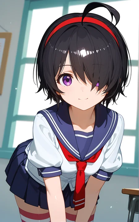 (score_9, score_8_up, score_7_up), standing, leaning forward, looking at viewer, light smile, closed mouth, shiny skin, tight clothes,
ohwx, 1girl, solo, purple eyes, black_hair, hairband, short_hair, hair_over_one_eye, ahoge, red_hairband,
school_uniform, thighhighs, striped_clothes, striped_thighhighs, serafuku, skirt, zettai_ryouiki,
window, sunlight, classroom,
blurry, cowboy shot, dutch angle, close-up,
<lora:kimi_sato_pony_ss:0.9>