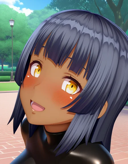 best quality, masterpiece, absurdres, detailed background, centered, centered, view, outside, park, 1girl, solo, yellow eyes, looking at viewer
open eyes, open mouth, dark skin, dark-skinned female, smile, blush, breasts, bodysuit, bangs, regular_bodysuit, <lora:ahmya:0.8>, suprised