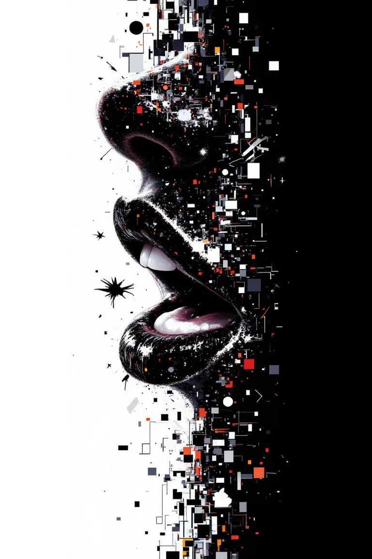 aidmafluxpro1.1.
Silhouette of lips, mouth slightly open with visible teeth, minimalist style, black and white, glitch art in the style of a halftone print artwork