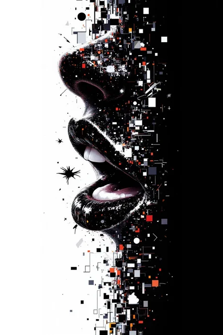 aidmafluxpro1.1.
Silhouette of lips, mouth slightly open with visible teeth, minimalist style, black and white, glitch art in the style of a halftone print artwork