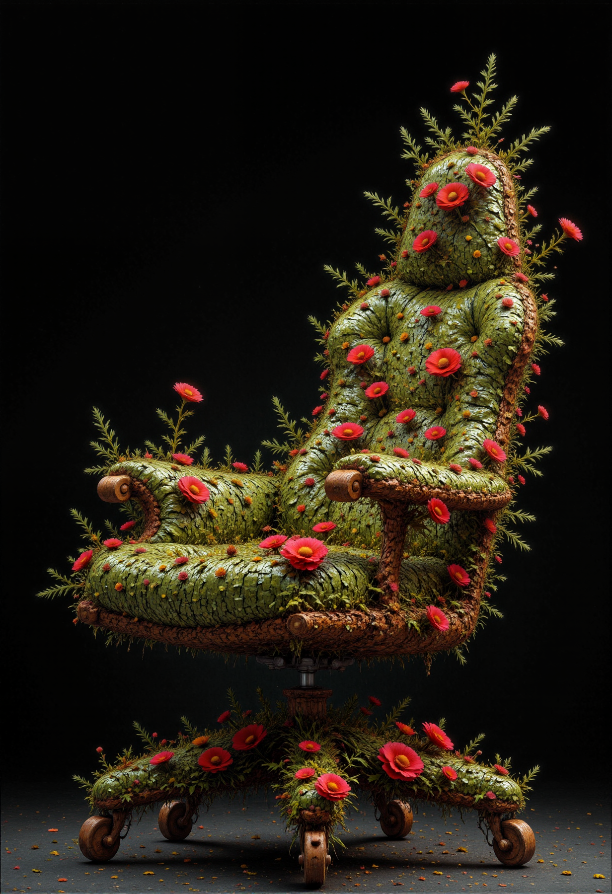 semifront gaming chair made made from lush green pine branches. rotate coaster on wheels. green and red elements. pure dark background.