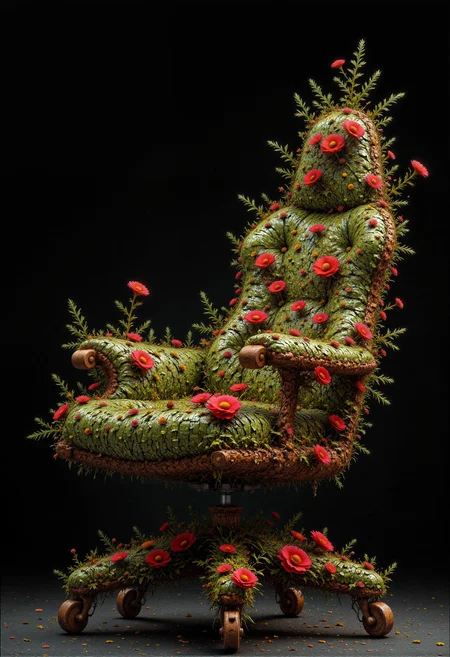 semifront gaming chair made made from lush green pine branches. rotate coaster on wheels. green and red elements. pure dark background.