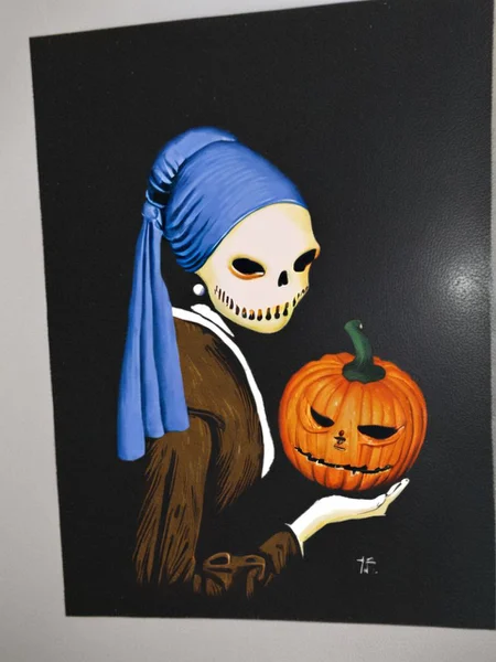 The girl with a pearl earring Pumpkinhead <lora:SDXL-Pumpkinhead-Lora:1>