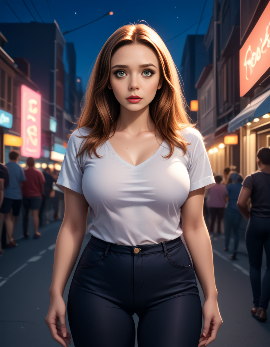 beauty style photo, BREAK , 1GIRL, 18 years old, (wanda), <lora:Wanda_Maximoff:1.1>, BREAK , (green eyes:1.2), BREAK , body type is (voluptuous), BREAK , wearing a (), BREAK , (standing),  BREAK , (SOFT LIGHT, SMOOTH SKIN), BREAK , setting is cyberpunk world, street, neon lights, (((night))),  <lora:RealisticAnime:1>