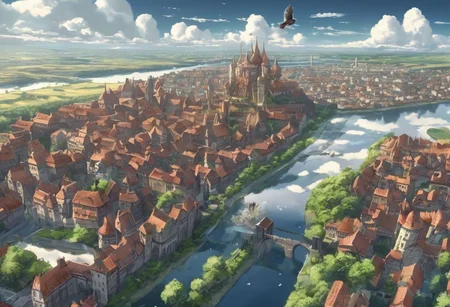 flying over a fantasy city. The buildings made of brick with the art style being that of an old anime. The clouds cast shadows along the land while godrays protrude through them. The bird is flying over a river that cuts along the center of the city with a beautiful reflection. The scene is highly detailed. 4k.hd.