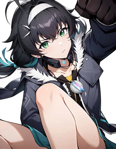 white background,simple background,looking at viewer,sitting,punching,thighs,cinematic_angle,
<lora:faniya_noob2:1>,faniya,1girl,solo,2dfaniya,green eyes,black hair,hairband,twintails,fur trim,ribbon,jacket,hair ribbon,bangs,antenna hair,ahoge,collarbone,low twintails,headphones around neck,headphones,long hair,fur-trimmed jacket,
masterpiece,best quality,very aesthetic,absurdres,