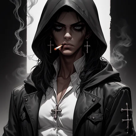 core_9, score_8_up, score_7_up, score_6_up, <lora:Ars_Niji_Style_Pony:1> ArsNijiStyle, Soul Reaper, The image is a digital illustration of a young woman with long dark hair and a hooded cloak. She is holding a sword in her right hand and a cigarette in her mouth. The woman is wearing a white shirt and a black jacket with a hood. She has a serious expression on her face and is looking off to the side. The background is black and white giving the image a dark and ominous feel. The overall mood of the image is dark and mysterious., jewelry, black hair, 1boy, weapon, cigarette, solo, earrings, male focus, cross, smoking