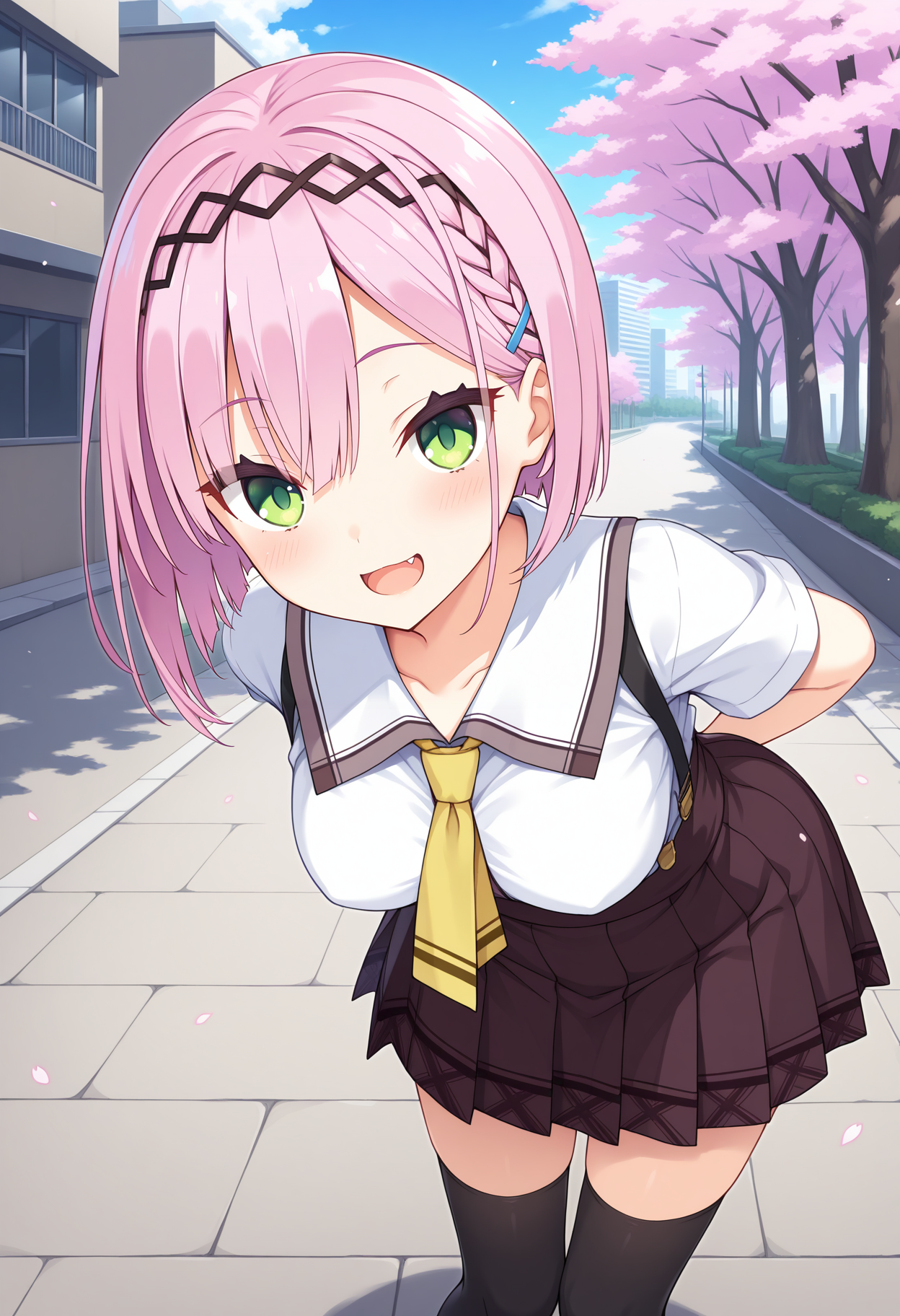 1girl, aaamane, pink hair, short hair, braid, hairband, hair ornament, hairclip, green eyes, fang, breasts, school uniform, yellow necktie, white shirt, short sleeves, suspender skirt, brown skirt, black thighhighs, <lora:tanikaze_amane_ilxl_v1:0.9>, arms behind back, leaning forward, standing, outdoors, open mouth, cherry blossoms, smile, building, road,
masterpiece, best quality, amazing quality,