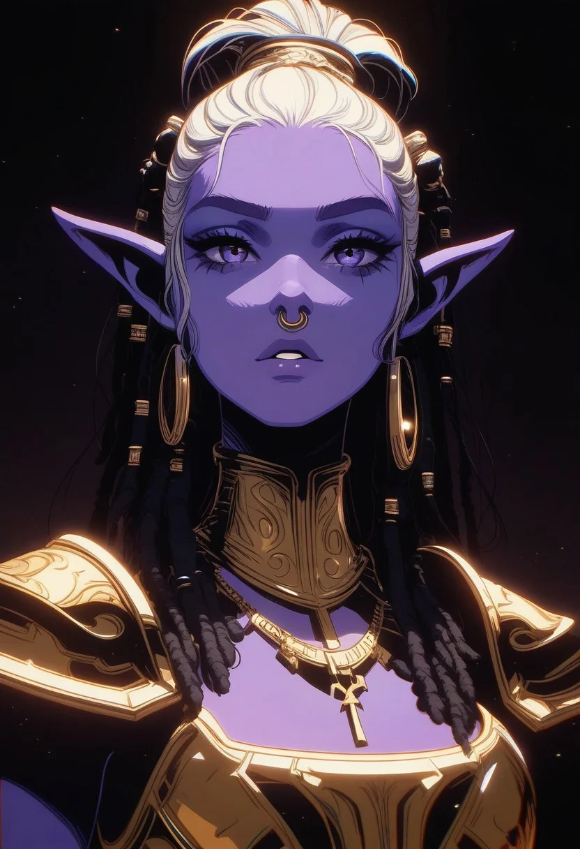 score_9, score_8_up, score_7_up, score_6_up, GHBL, zy_moore, Stylized digital portrait of a elf, drow, purple skin, white hair, dreadlocks, slender body, nose ring, gold chain armor, loose greek robes. They have a confident expression with slightly parted lips and a relaxed posture. The background is a solid, vibrant red, which contrasts with the subject's attire. The person is accessorized with gold jewelry, including a necklace with a pendant and small hoop earrings. The overall composition is bold and striking, with a focus on the subject's face and upper body, flat color, dark theme