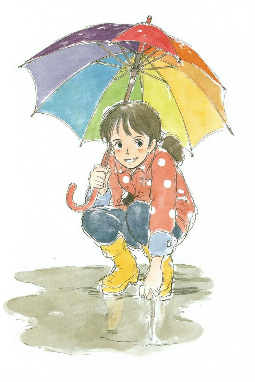 hayaomiyazaki2 illustration.
A young woman, angled from slightly above and to the right, crouching low to the ground in a puddle. The young woman is wearing bright yellow rubber boots and a red jacket with white polka dots. The jacket sleeves are pushed up to reveal blue cuffs. The young woman also wears dark blue jeans and has a smile on her face as she extends her right index finger to touch the water in the puddle. She holds a large, open umbrella with rainbow-colored panels and a red handle over her. <lora:hayaomiyazaki2_cap_d8a4:1.0><lora:861078846479322852:0>