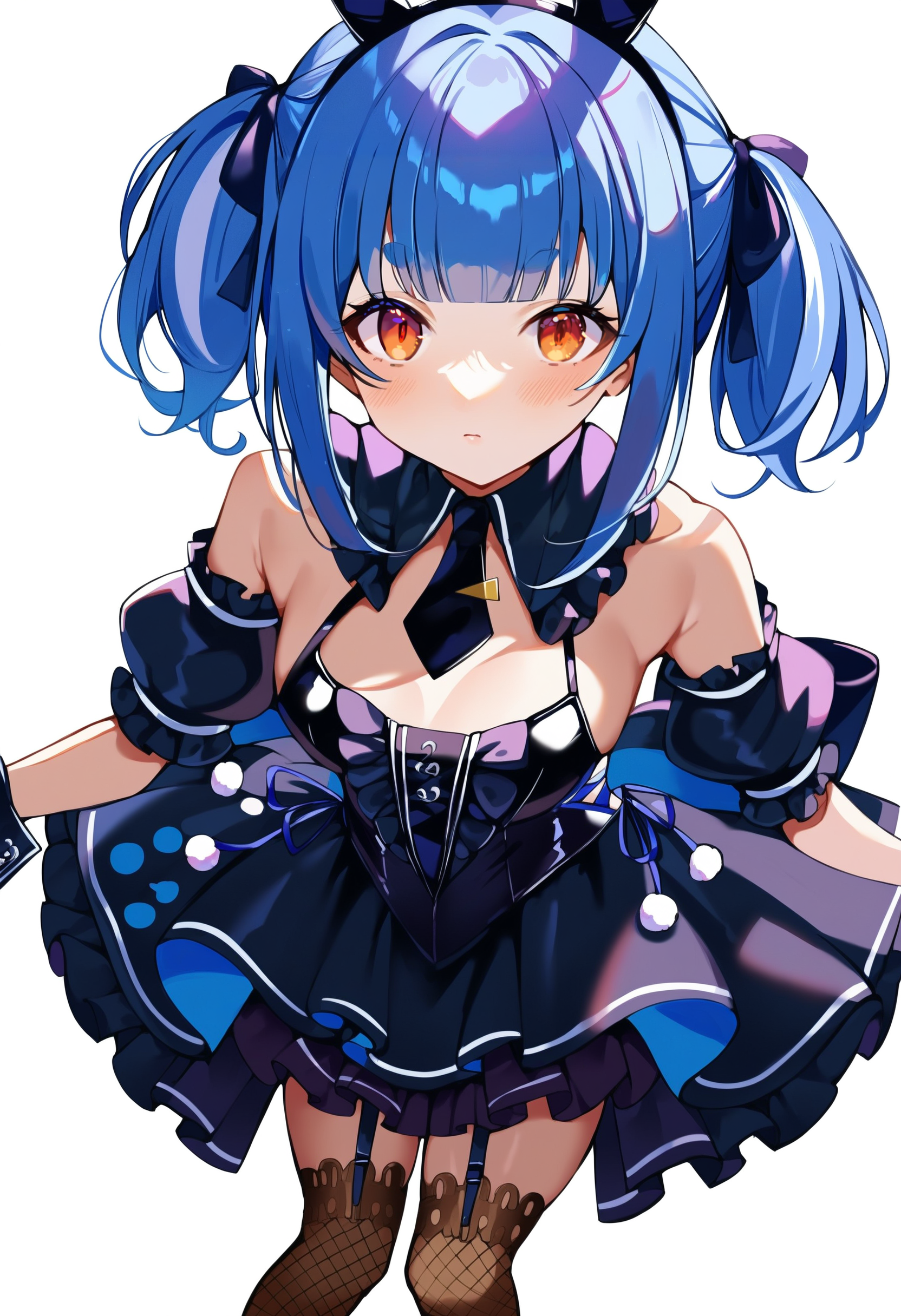 score_9, score_8_up, score_7_up, score_6_up, source anime,
usada pekora, medium hair, official alternate hairstyle,
usada pekora bunnydress, fake animal ears, garter straps, fishnet thighhighs, black thighhighs, black dress, detached sleeves, puffy short sleeves, playboy bunny, detached collar, frills, shiny clothes,
looking at viewer, black necktie,
white background, backlighting, from above, leaning forward
<lora:usada_pekora_v1:1>