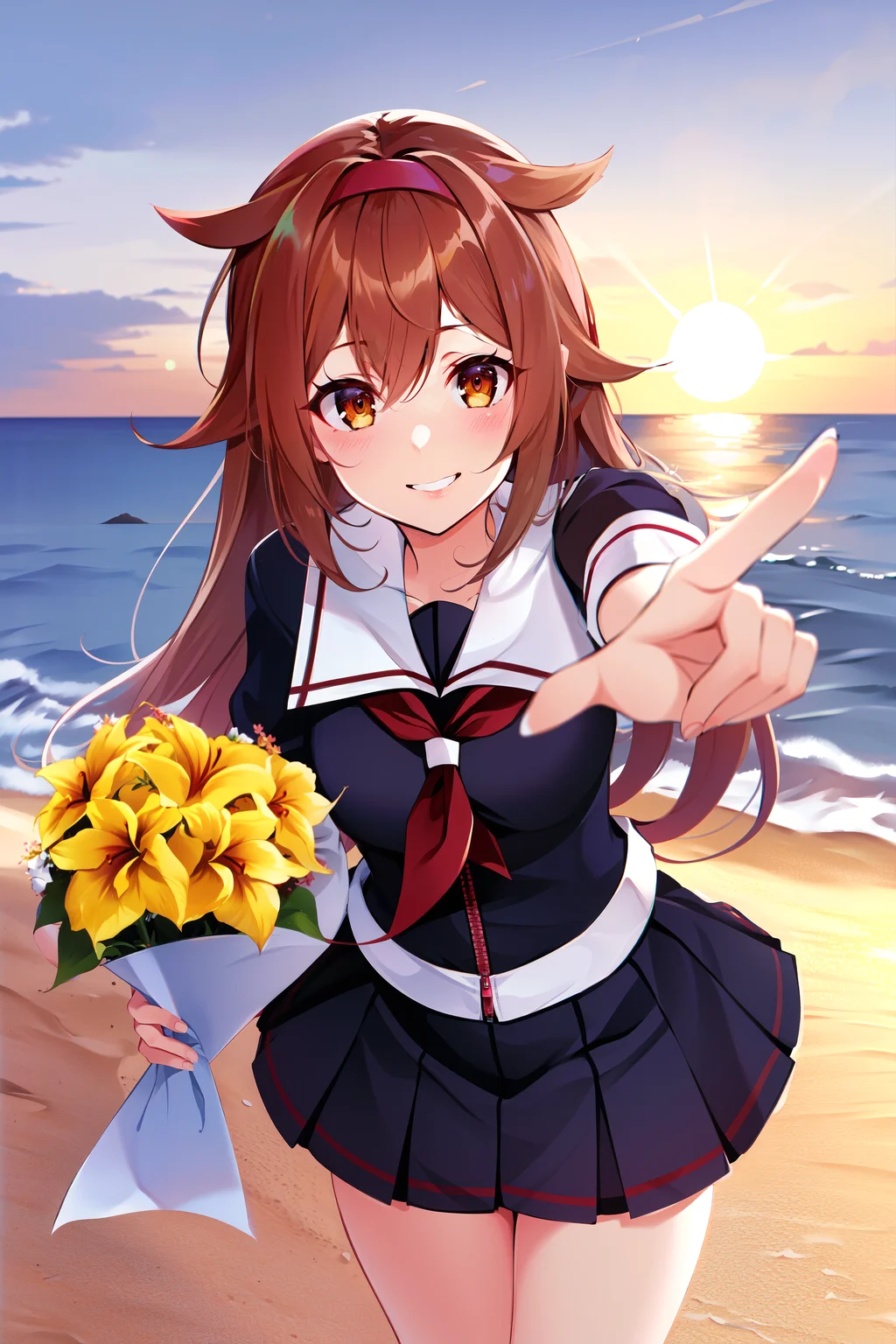 (masterpiece), (best quality), (ultra-detailed), (best illustration),(best shadow:0.7), (an extremely delicate and beautiful), finely detail, photorealistic, (manga), ray-tracing, radiant beach in winter, sand, detailed scenery, diffusion spikes, sunlight, white cloud, twilight sky, solo, 1girl, (shiratsuyu kai ni) from kantai collection, brown hair, (gradient hair:1.4), white hair, brown eyes, smile, (finely detailed iris:1.1), long hair, red hairband, standing, pleated skirt, leaning forward, (black) shirt, sailor collar, red neckerchief, looking at viewer, ((sun)), pointing at viewer, (holding bouquet:1.22), (yellow flowers), puffy sleeves, red (zipper), wide smile, foreshortening, BREAK white cuff,