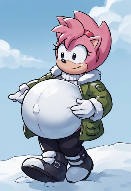 score_9, score_8_up, score_7_up, score_6_up, score_5_up, score_4_up, 1girl, solo, furry, full body, sky, cloud, snow, falling snow, fleetwayamy, amy rose, spiked hair, pink fur, black eyes, long sleeves, gloves, closed mouth, jacket, boots, pants, white gloves, coat, sweater, fur trim, snow, winter clothes, winter coat, green coat, hedgehog ears,<lora:Fleetway Amy v1:0.8>, hyper_preg, pregnant. belly inflating, night sky, walking, looking up, hands on belly smile, happy