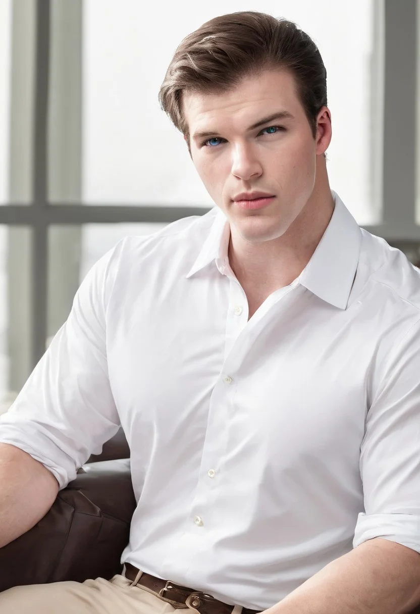 score_9, score_8_up, score_7_up, hyperdetailed photography, modeling style photography, hyperrealistic, 1boy, jonathan, pale skin tone, handsome face, brown hair, perfect eyes, (solo), looking at viewer, male focus, big pectorals, muscular body, wearing tight polo, khaki pants, sitting on comfortable chair, manspreading, inside hotel lounge