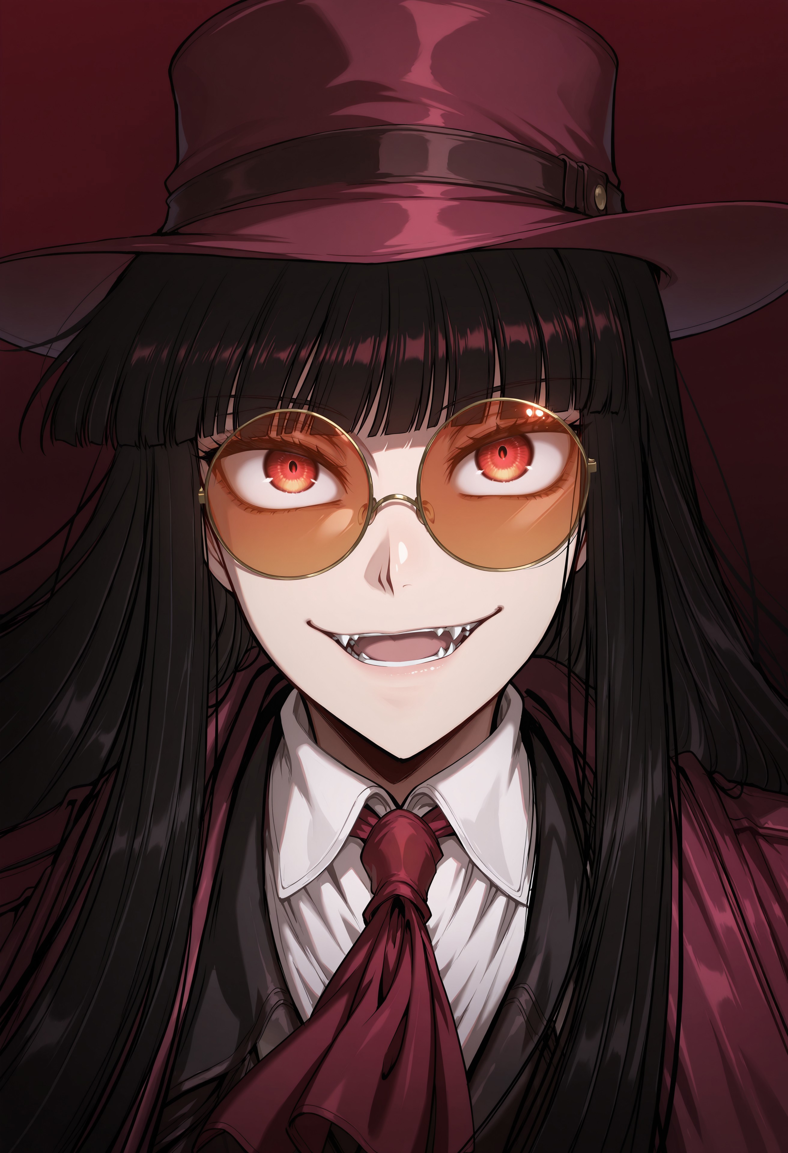 safe_pos, safe_pos, score_9, score_8_up, score_7_up, masterpiece, best quality, very aesthetic, ambiance, Girlycard, 1girl, solo, black hair, long hair, hime cut, blunt bangs, red eyes, detailed eyes, beautiful eyes, constricted pupils, looking up at viewer, mischievous smirk, open smile, fangs, floating hair, medium breasts, red coat, red ascot, white shirt, black jacket, white gloves, black pants, brown boots, glasses, orange-tinted eyewear, round eyewear, red hat, portrait, extreme close-up, face focus, dark red background, gradient background, shadows, dim light,