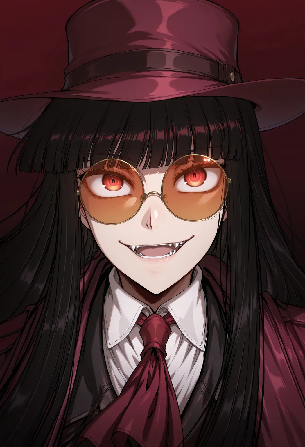 safe_pos, safe_pos, score_9, score_8_up, score_7_up, masterpiece, best quality, very aesthetic, ambiance, Girlycard, 1girl, solo, black hair, long hair, hime cut, blunt bangs, red eyes, detailed eyes, beautiful eyes, constricted pupils, looking up at viewer, mischievous smirk, open smile, fangs, floating hair, medium breasts, red coat, red ascot, white shirt, black jacket, white gloves, black pants, brown boots, glasses, orange-tinted eyewear, round eyewear, red hat, portrait, extreme close-up, face focus, dark red background, gradient background, shadows, dim light,