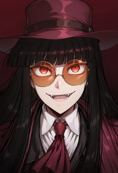 safe_pos, safe_pos, score_9, score_8_up, score_7_up, masterpiece, best quality, very aesthetic, ambiance, Girlycard, 1girl, solo, black hair, long hair, hime cut, blunt bangs, red eyes, detailed eyes, beautiful eyes, constricted pupils, looking up at viewer, mischievous smirk, open smile, fangs, floating hair, medium breasts, red coat, red ascot, white shirt, black jacket, white gloves, black pants, brown boots, glasses, orange-tinted eyewear, round eyewear, red hat, portrait, extreme close-up, face focus, dark red background, gradient background, shadows, dim light,