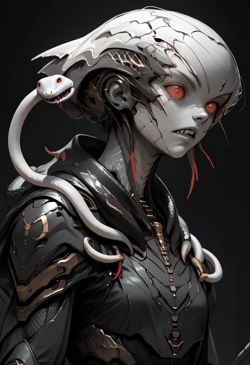 Subject: A humanoid-shark hybrid creature, with the head of a great white shark and a muscular, off-white humanoid body. snake, snake on shoulders, upper body. The creature stands aggressively, with its shoulders squared and head tilted forward, revealing a menacing snarl and rows of sharp teeth.
Visual Elements: The shark's head is smooth, pale grey, with a pointed snout and visible red eyes. A small dorsal fin is visible behind the head. The creature's body is rough and textured, with a crudely stitched scar running horizontally across its chest. Golden, pointed, blade-like protrusions or armor pieces are visible on the creature's shoulders.
Lighting: Dramatic lighting, with a darker background that emphasizes the creature's features and provides a stark contrast to its lighter skin. The background is blurry, dark teal or blue-grey,
Camera Angle: Close-up, focusing on the creature's upper body and head. The angle of projection is slightly from below, looking up at the creature, enhancing its imposing presence.
Composition Style: The image is not a photograph, drawing, or line art, but a digitally created image, likely a rendering. There are no visible accessories, clothing, or wearable tech. The style of the artwork is realistic, with a high level of detail in the creature's skin texture and facial features.
sn4k3, snake, snake on shoulders, upper body, asdfm3cha, mcnm, monochrome, glow, neon