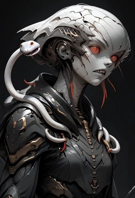 Subject: A humanoid-shark hybrid creature, with the head of a great white shark and a muscular, off-white humanoid body. snake, snake on shoulders, upper body. The creature stands aggressively, with its shoulders squared and head tilted forward, revealing a menacing snarl and rows of sharp teeth.
Visual Elements: The shark's head is smooth, pale grey, with a pointed snout and visible red eyes. A small dorsal fin is visible behind the head. The creature's body is rough and textured, with a crudely stitched scar running horizontally across its chest. Golden, pointed, blade-like protrusions or armor pieces are visible on the creature's shoulders.
Lighting: Dramatic lighting, with a darker background that emphasizes the creature's features and provides a stark contrast to its lighter skin. The background is blurry, dark teal or blue-grey,
Camera Angle: Close-up, focusing on the creature's upper body and head. The angle of projection is slightly from below, looking up at the creature, enhancing its imposing presence.
Composition Style: The image is not a photograph, drawing, or line art, but a digitally created image, likely a rendering. There are no visible accessories, clothing, or wearable tech. The style of the artwork is realistic, with a high level of detail in the creature's skin texture and facial features.
sn4k3, snake, snake on shoulders, upper body, asdfm3cha, mcnm, monochrome, glow, neon