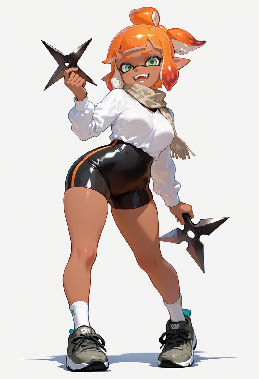 masterpiece, best quality,absurdres, ultra-detailed, high resolution,

inkling, 1girl, solo, green eyes, orange hair, socks, open mouth, bike shorts, dark skin, shirt, dark-skinned female, breasts, looking at viewer, smile, holding, fangs, shoes, white socks, shorts, weapon, white shirt, pointy ears, scarf, shuriken, long sleeves