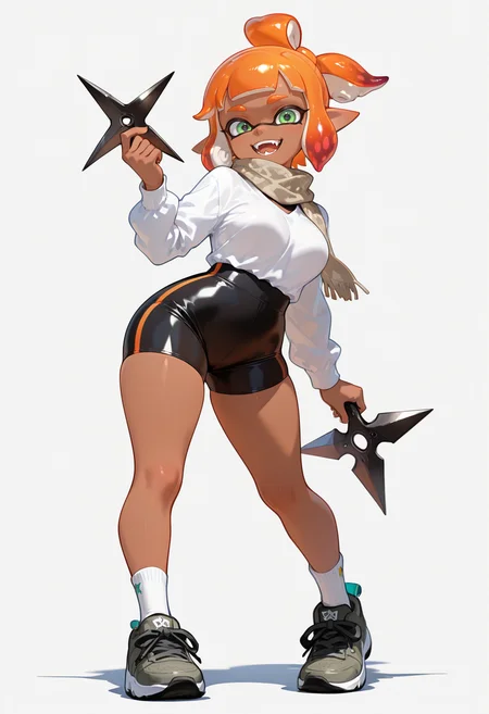 masterpiece, best quality,absurdres, ultra-detailed, high resolution,
inkling, 1girl, solo, green eyes, orange hair, socks, open mouth, bike shorts, dark skin, shirt, dark-skinned female, breasts, looking at viewer, smile, holding, fangs, shoes, white socks, shorts, weapon, white shirt, pointy ears, scarf, shuriken, long sleeves