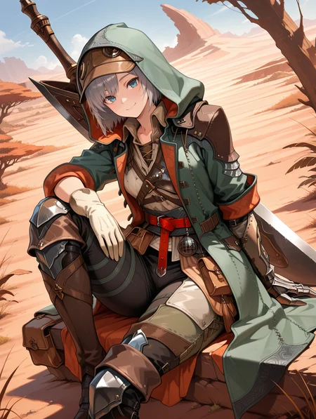 hope male armor, 1girl, solo, blue eyes, smile, huge sword, weapon on back, hand on hilt, short hair, looking at viewer,grey hair, green hood, brown cap, green coat, white shirt, white gloves, red belt, brown pouch, white pants, nature, desert, scenery, sitting, tree, wildness, brown knee boots
masterpiece,best quality,amazing quality,very aesthetic,absurdres,newest,<lora:MHWilds hope armor illuXL v1:0.8>,