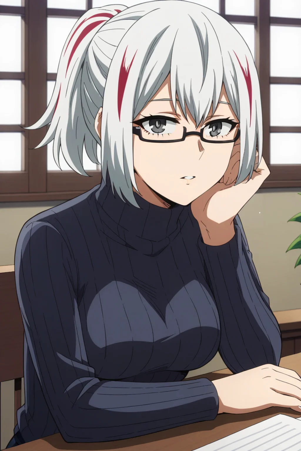 score_9, score_8_up, score_7_up, source_anime, 1girl, prefect lighting, very aesthetic, intricate details, highly detailed background, masterpiece, high quality, prefect hands, best quality, solo,
<lora:Fuyumi_Todoroki_MHA_V1:.85>, KJOfuyumi, medium hair, streaked hair, multicolored hair, two-tone hair, white hair, grey eyes, semi-rimless eyewear, ponytail,
turtleneck sweater, jeans,
desk, sitting, head rest, expressionless, parted lips, looking at viewer, POV, pov across table,
living room, window, sunny,
(Beautiful, medium Breasts:1.2), natural breasts,