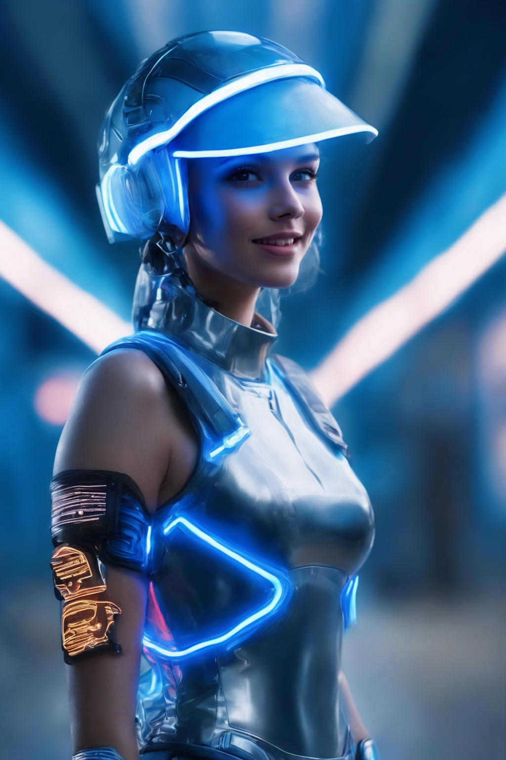 ((Masterpiece, best quality)),photography, detailed skin, realistic, photo-realistic, 8k, highly detailed, full length frame, High detail RAW color art, diffused soft lighting, shallow depth of field, sharp focus, hyperrealism, cinematic lighting,smiling,
 a woman with a blue face and a clear helmet ,wearing edgFut_clothing and [futuristic headpiece|visor] ,wearing edgFut_clothing, neons, electric circuits,
 <lora:edgFuturisticXL:0.8>