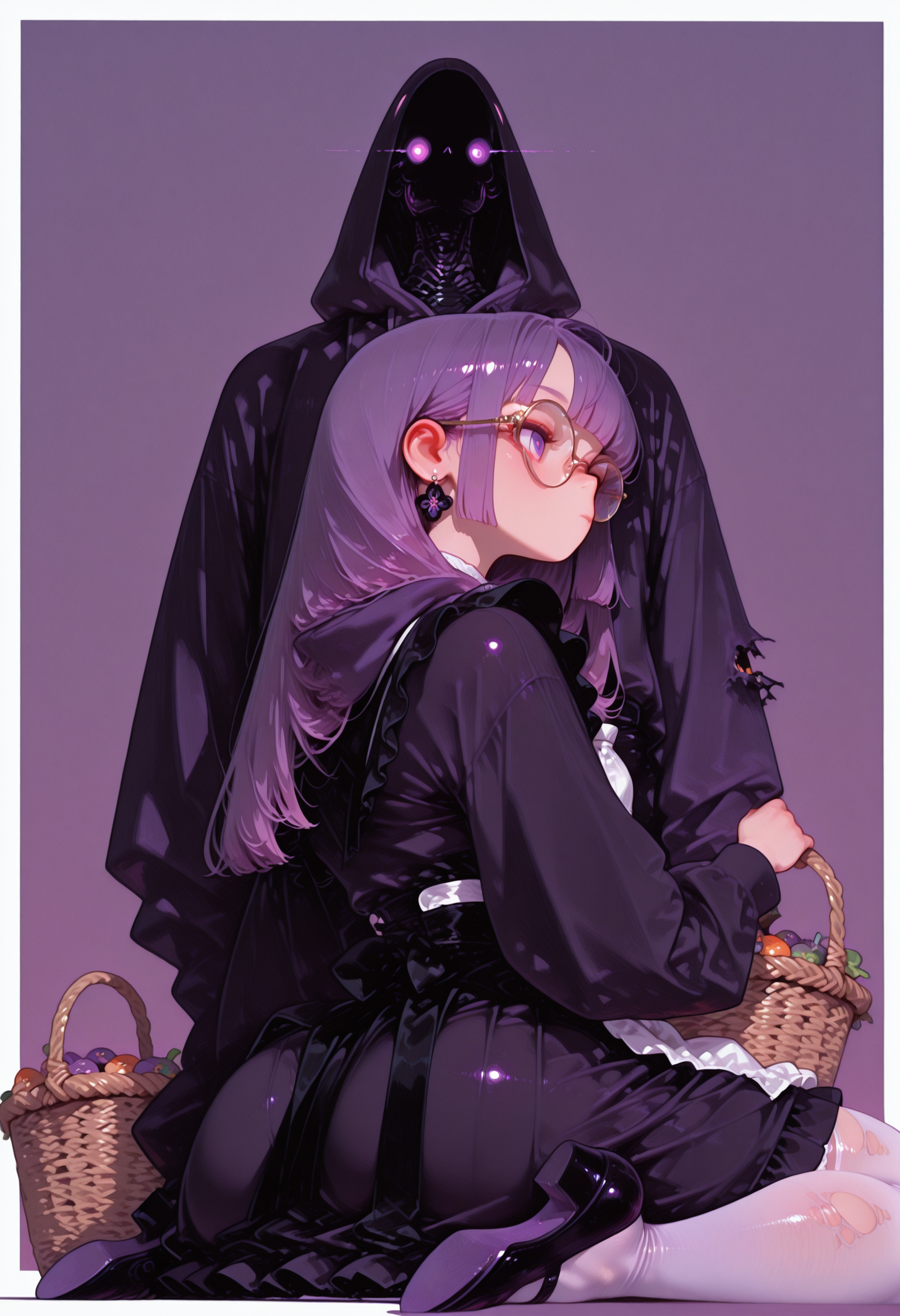 , masterpiece, best quality,
(dramatic lighting, shadows, dynamic posture)
,
(upper body shot) ,
evening light, shadowy
,
(from below,
from behind, back shot
),
1girl,
wariza ,
long hair ,
blunt bangs ,
ultra detailed eyes, (flat chest), [[[abs]]],
large rimless round glasses ,glowing  eyes ,
( decorative victorian black maid dress, frilled skirt, maid apron ),
pumps, torn white tights ,
skindentation, ((chubby thick legs), thick legs, chubby legs), thick calves,
hoodie ,
ray from window ,
dynamic perspective,
BREAK
holding a basket, basket full of plushies
,
(simple background, simple gradient pastel purple  background with white border),
simple  black  background
,
fl4t
,
,
<lora:TrendCraft_The_Peoples_Style_Detailer-v1.0A-3_13_2025-illustrious:0.4>
<lora:sdxl_turbo_weghts_beta_v0_1_0:0.95>
<lora:EatsleepAi_chan_style:0.95>
<lora:fl4t:1.2>
,
,
, ,