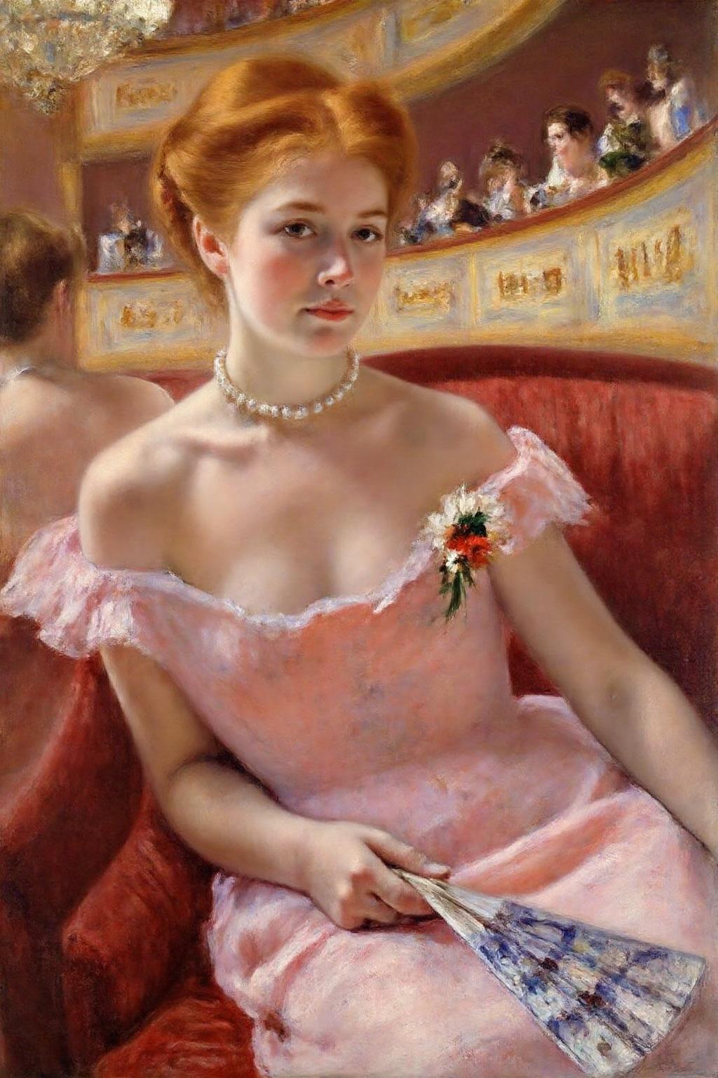 marycassatt1 painting.
a woman seated in an elegant, ornate theater box. She is depicted in a soft, pastel pink dress with delicate, off-the-shoulder sleeves adorned with lace. The dress has a sweetheart neckline and a floral brooch on the left shoulder. She wears a pearl necklace and holds a fan in her left hand, which is adorned with intricate patterns. 
 <lora:marycassatt1_cap_d6a3e17:1.0><lora:833906087355873665:0>