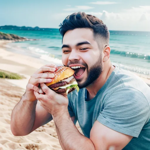 <lora:Eatingburger:0.6>, food focus, eating a burger, smile, open mouth, male, side view, beach, two hands, looking at viewer