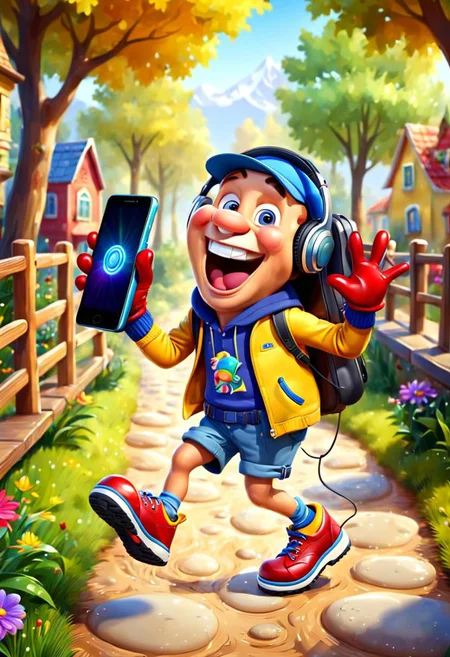 Picture a cheerful cartoon Nokia push-button phone skipping along the path on short legs, laughing merrily, singing a song, merrily waving his hands in multi-colored gloves. Beautiful, shiny, splashing with joy and fun.