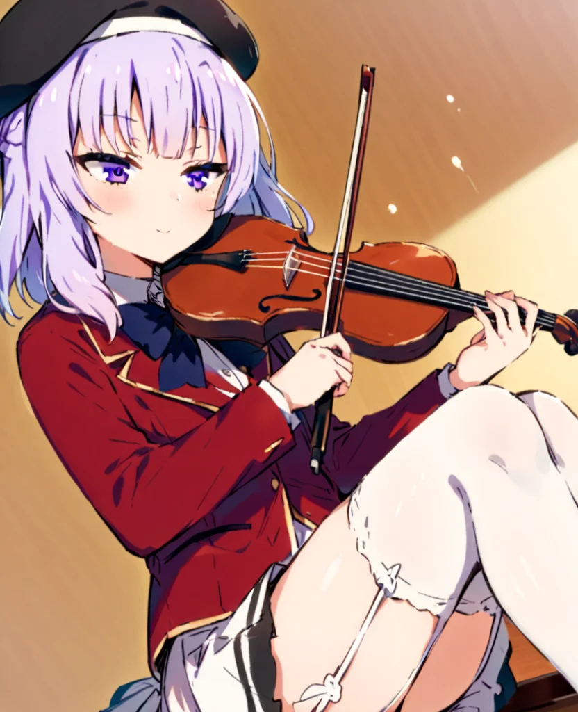 <lora:xtq:0.7>,violin,instrument,playing instrument,holding,bow \(music\),holding instrument,<lora:Vincent_Sketch_Manga:1>,daiton,<lora:Sakayanagi_AnimagineXL31:1>,sakayanagi,1girl,blunt bangs,white hair,purple hair,purple eyes,beret,school uniform,red jacket,collared shirt,bowtie,white skirt,white thighhighs,garter straps,, masterpiece,best quality,very aesthetic,absurdres,8k,<lora:ä¿®æsl:1>,