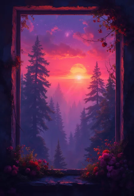 A view from a bedroom window, vibrant glow