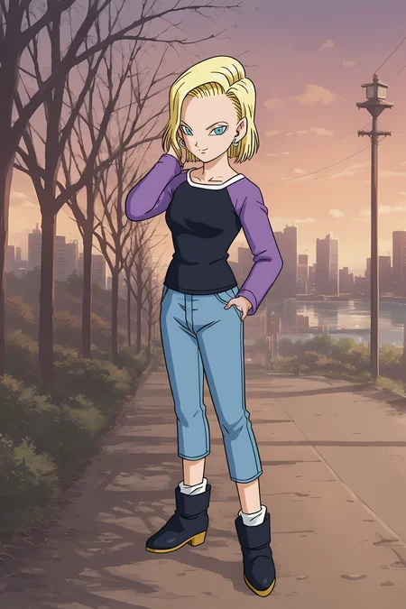 source_anime, score_9, score_8_up, score_7_up, anime screencap, high quality,
android 18, dragon ball super, anime coloring, official style, 1girl, solo, smile, short hair, blue eyes, blonde hair, white legwear, loose socks, silver earring, boots, outdoors, blue bottomwear, tree, denim, jeans, black footwear, black shirt, collarbone, eyelashes, lake, path, long sleeves, hand on hip, hand in own hair, looking at viewer, pocket, purple sleeves, two tone shirt, sunset, cityscape
<lora:c18_pony:0.8>