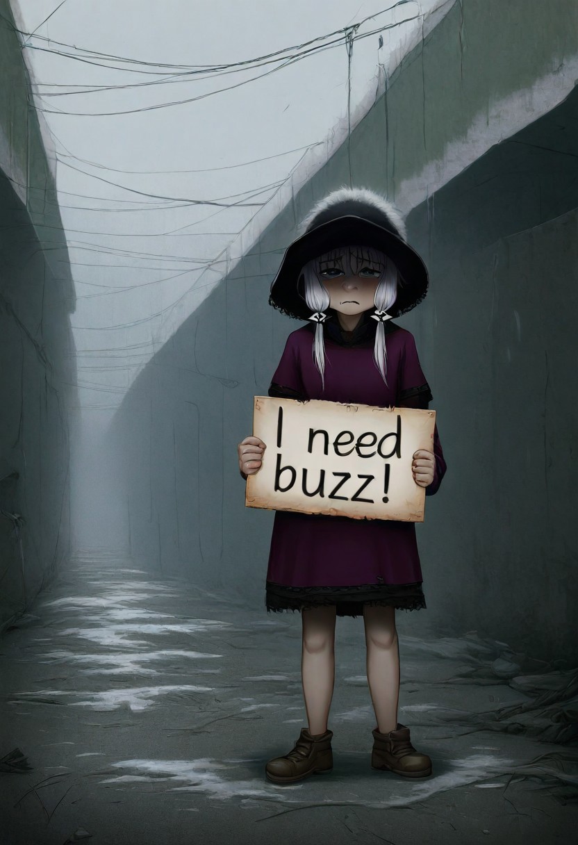 masterpiece,best quality,amazing quality,ultra detailed,absurdres, pepe_frog, sad, need_buzz, holding sign, homeless, alleyway, <lora:NeedBuzz_sign_Illustrious:1>,