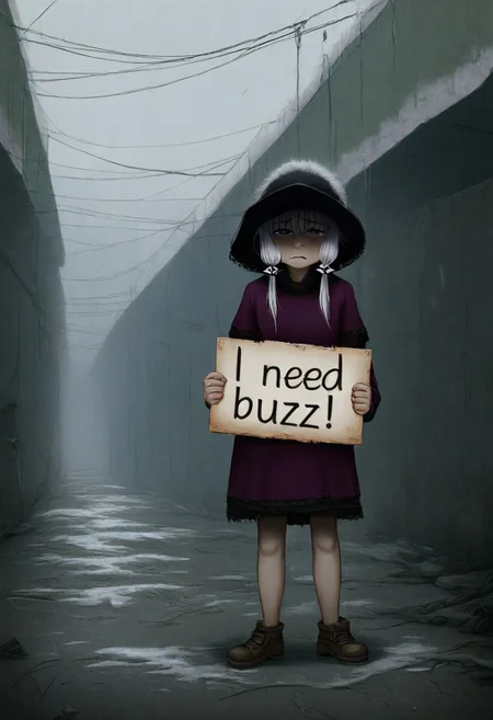 masterpiece,best quality,amazing quality,ultra detailed,absurdres, pepe_frog, sad, need_buzz, holding sign, homeless, alleyway, <lora:NeedBuzz_sign_Illustrious:1>,