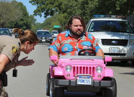 snapshot of an angry female state trooper bending over to lecture to an obese bearded man in a Hawaiian shirt who is sitting atop his tiny pink Powerwheels Jeep. The license plate says PRNCSS. The officer's police cruiser is behind them with it's lights flashing.