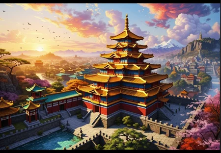 (epic:1.2), trending on artstation, (high quality:1.2), (masterpiece:1.2), high details, incredibly absurdres, colorful), (quirky:1.21), (mystical:1.24), (psychedelic:1.36), (Pop Art:1.21), (Fauvism:1.24), (Neo-Impressionism:1.21), (quilting:1.25), (embroidery:1.25), (parchment:1.29), (Mike Judge Style:1.33), (drone_view:0.56) (higher_angle:1.16) ,, (location:(temple:1.31)),(color scheme:(vignetting:1.14)),